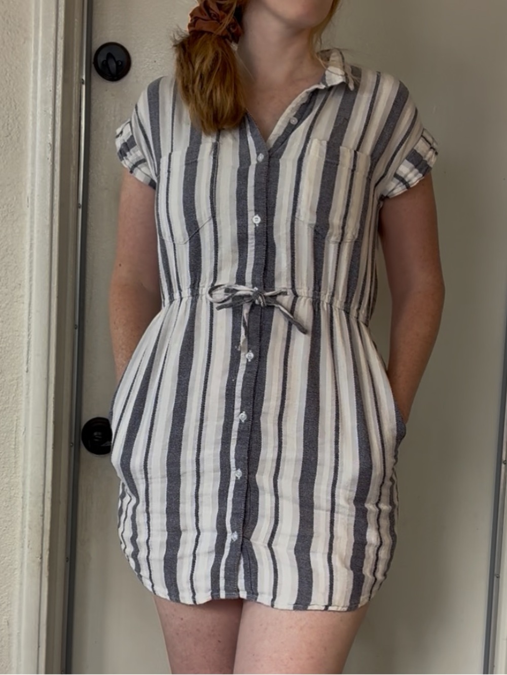 Japna Striped Button-Front Tie-Waist Mini Dress - White & Navy